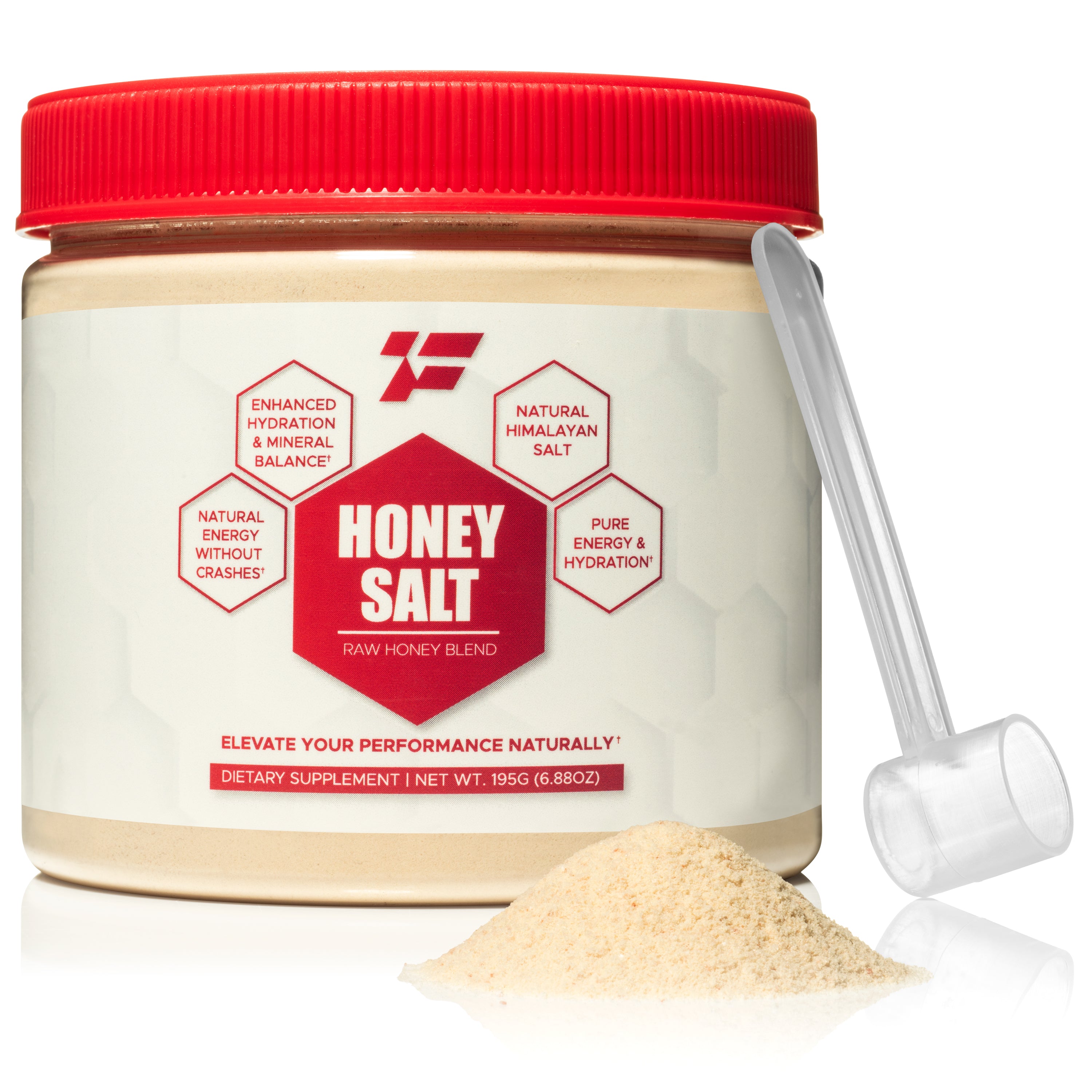 Fine crystalline powder blend of honey and Himalayan salt showing natural golden-brown hue