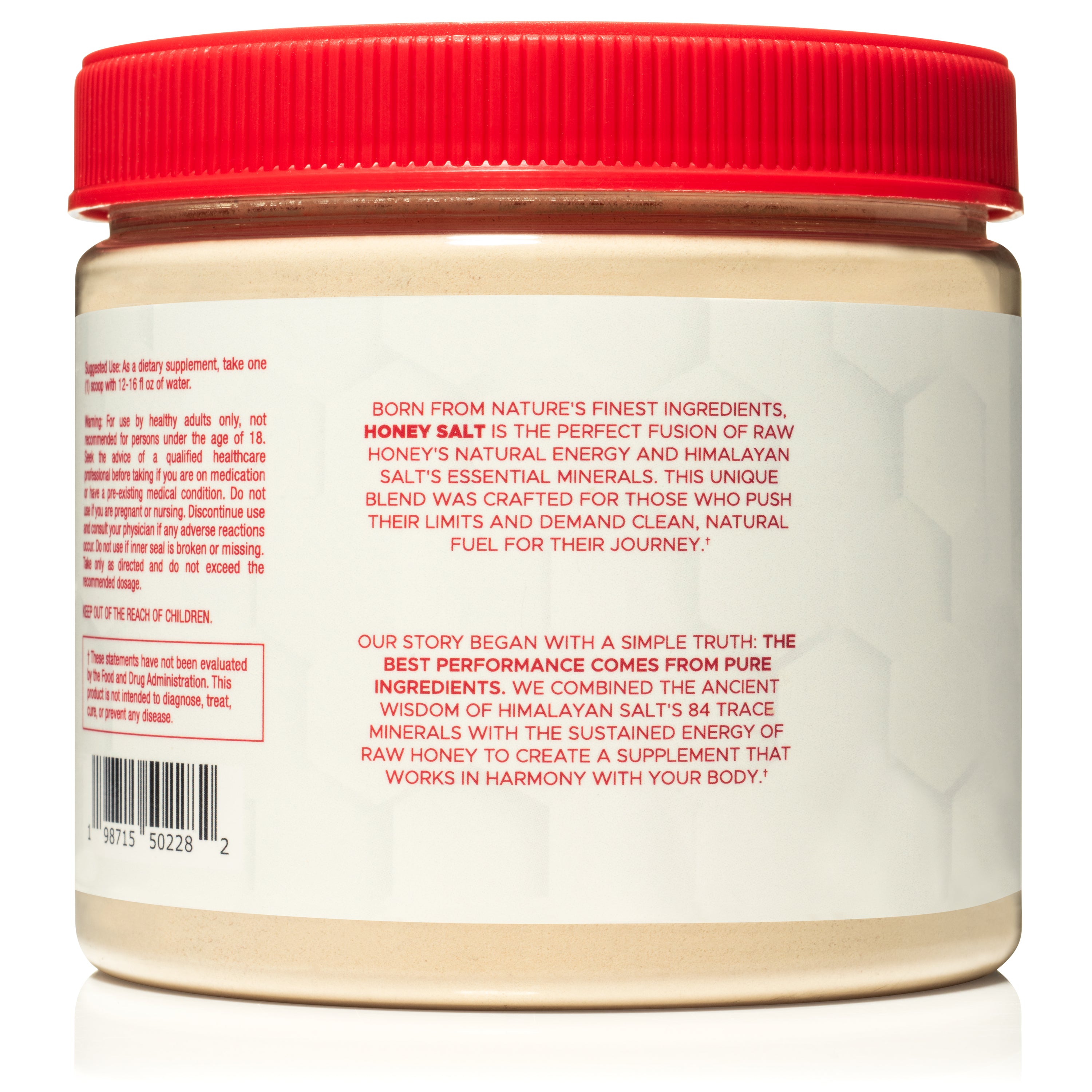 Flight Honey Salt back label displaying brand story and natural ingredients statement in red typography against white container