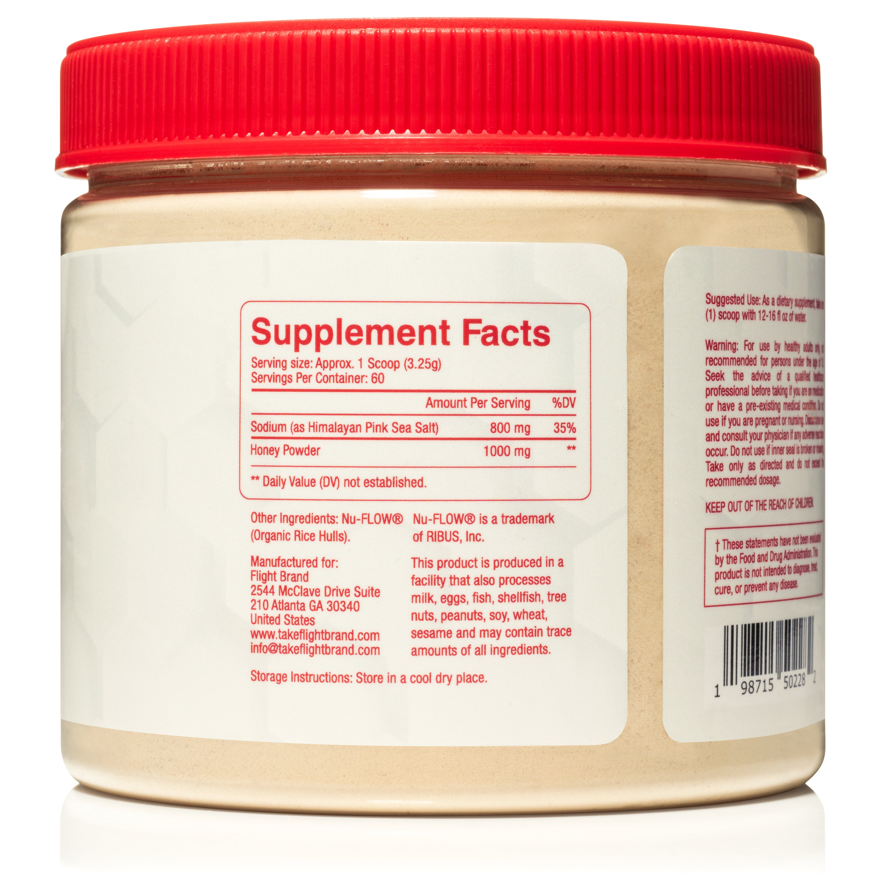 Flight Honey Salt nutrition label and ingredient list on white container with honeycomb pattern