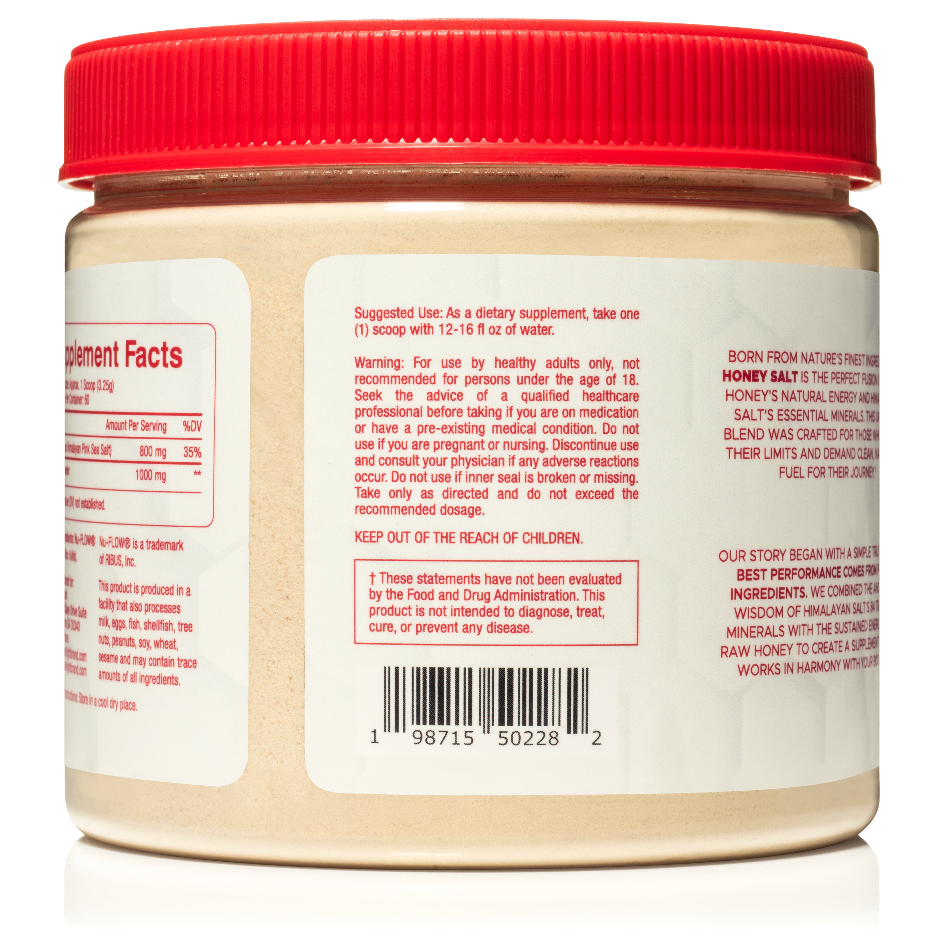 Flight Honey Salt warning label and FDA disclaimer with usage instructions and barcode on white container with red lid